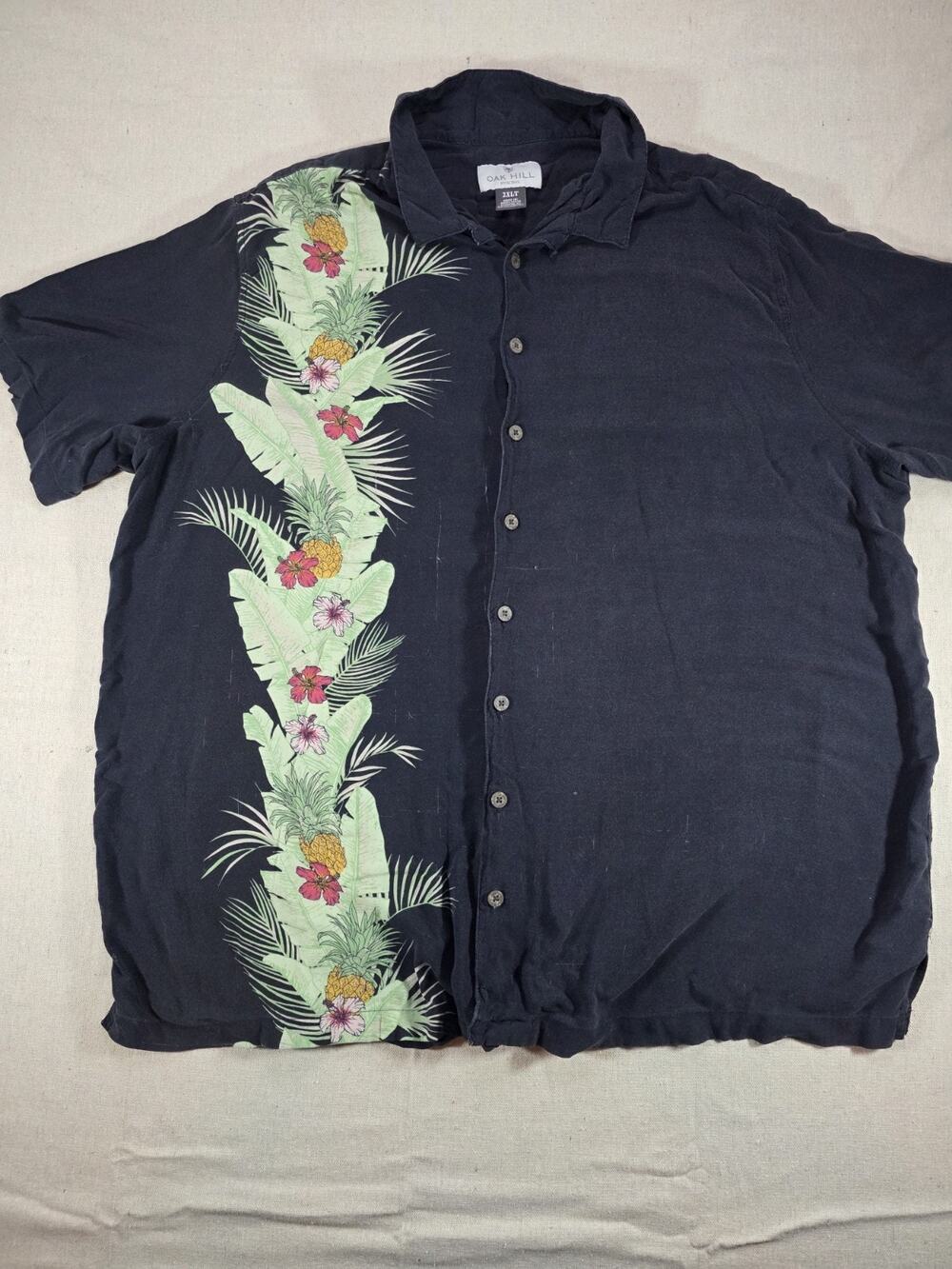 Oak Hill Hawaiian Shirt Mens 2XLT Black Tropical Pineapple Floral Button Up